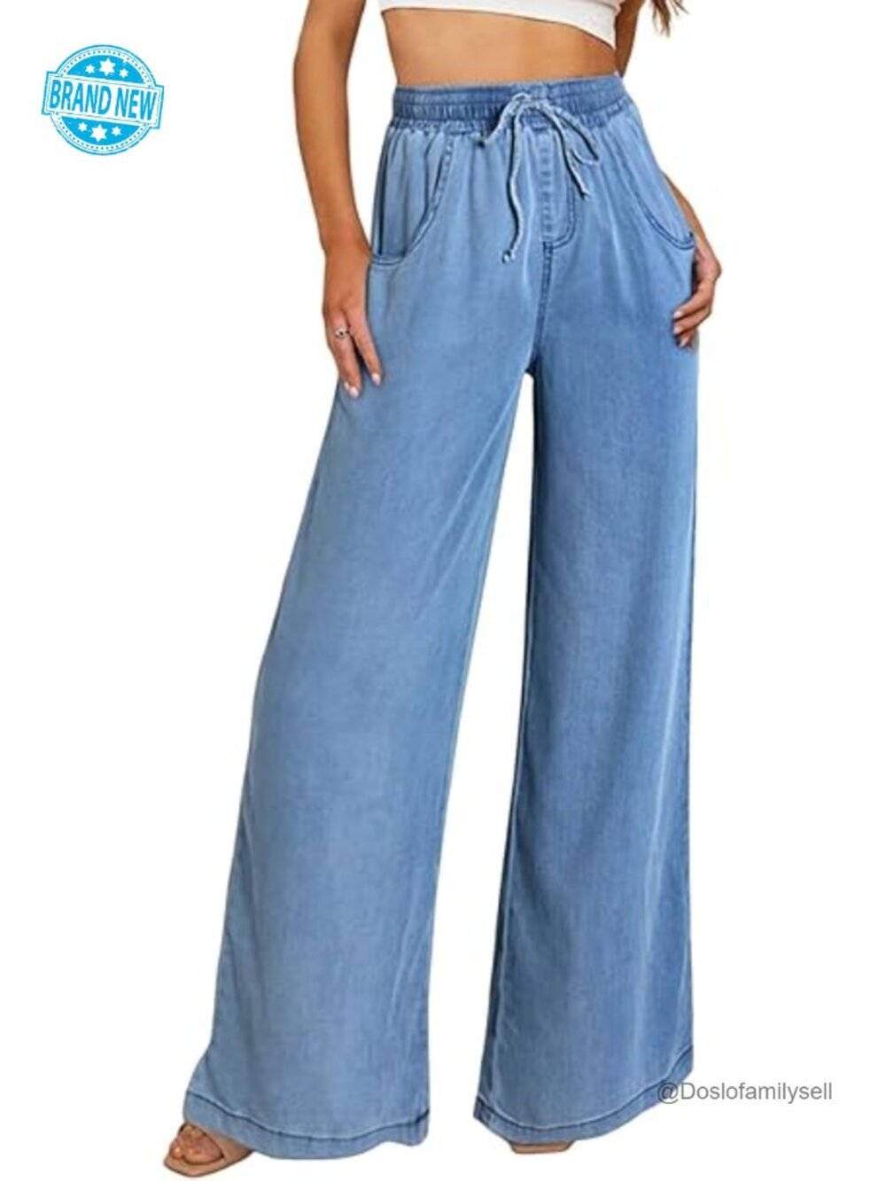 High Waisted Wide Leg Drawstring Jeans Loose Fit Baggy Tencel Denim